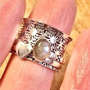 Black Rutile with Heart 2 Spinner Ring size 5.5 “starburst”band